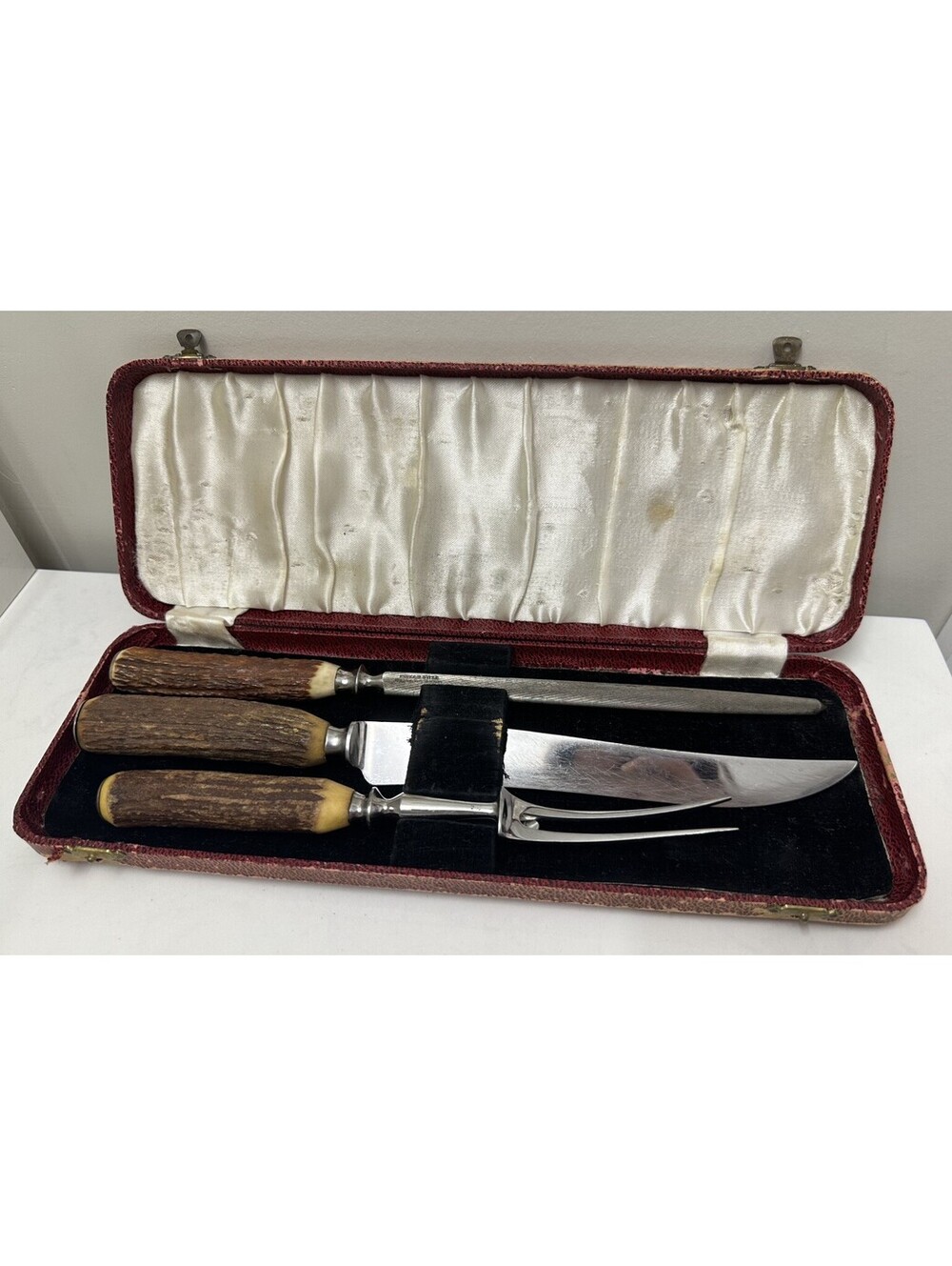 Gregory Bros Stag Handle Knife Bee Hive Sheffield Meat Carving 3pc Set w/ Box